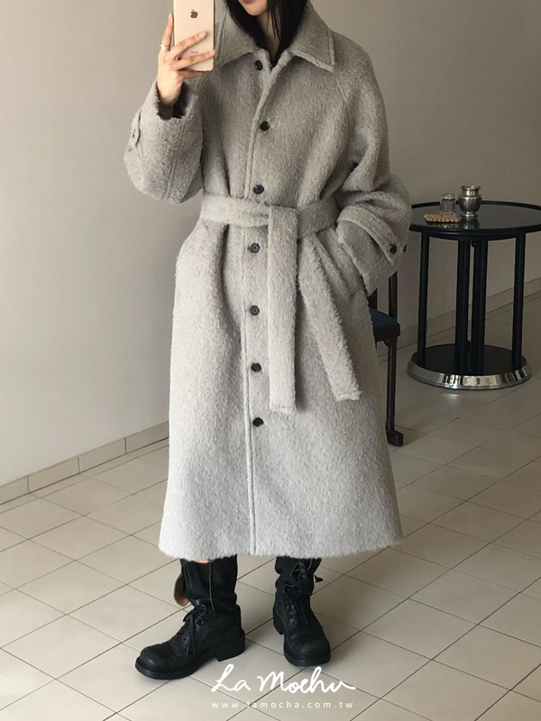 排扣羊毛綁帶大衣